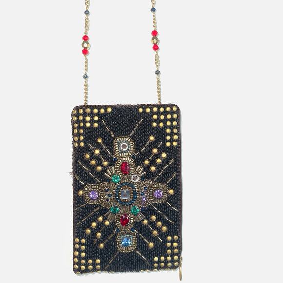 Mary Frances Brown Gold Beaded Cross Phone Bag Handbag Purse Crossbody Clutch - Picture 10 of 10
